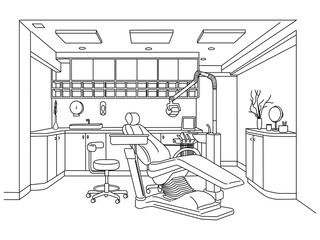 Hand drawn line of Dental room interior with dentist chair, Lamp and drilling machine. Hospital interior with dentist workplace.Dental chair and accessories used by dentists .Vector illustration