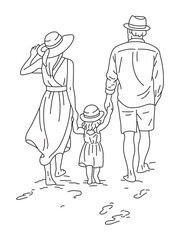 Hand-drawn line of Happy family, beach holiday and walking,  vacation on tropical island,Tropical and island holiday exploring ocean,Nature, waves and family  on sand by sea water on vacation, Vector 