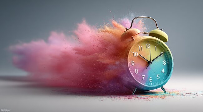 Colorful clock exploding with vibrant powder