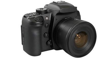 PNG Sleek black DSLR camera with professional lens ready for capturing memories, perfect for photography enthusiasts and content creators alike isolated on white background