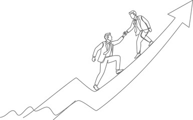 Two businessmen collaborating and climbing an upward trending arrow, symbolizing teamwork and success.
