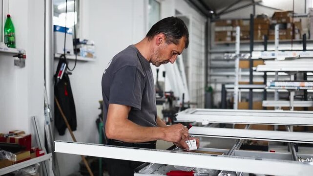 Precision factory worker installing black rubber seal into white aluminum window frame, ensuring tight weatherproof fit with professional craftsmanship and attention to detail