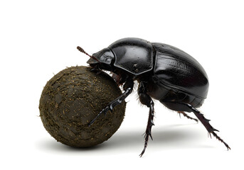 A black dung beetle is captured in a detailed close-up as it pushes a perfectly round ball of dung, isolated against a pristine white background highlighting its shiny exoskeleton.