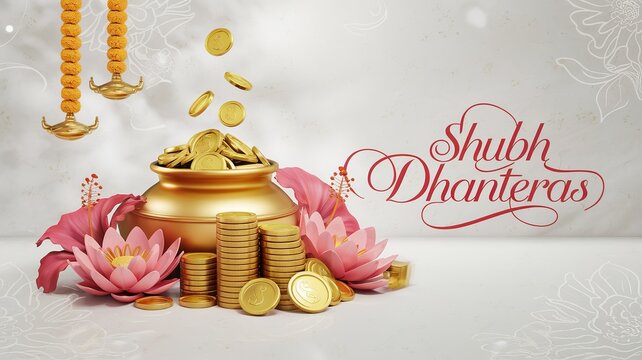 Happy Dhanteras 3D illustration with pot of gold coins