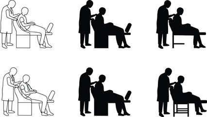 Massage therapy silhouettes, medical care illustration styles, seated treatment, wellness service, healthcare icons, black vector design, patient care scenes