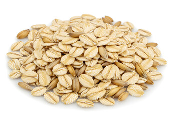 Captivating close-up of hulled oat grains scattered in a pile, showcasing their natural texture and golden hues against a pristine white backdrop.