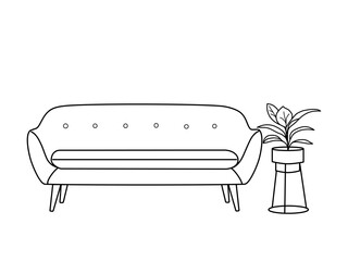 Hand drawn line of single Sofa with potted plants and trees with white background.Interior living room vector Illustration