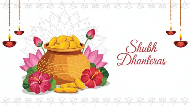 Happy Dhanteras 3D illustration with pot of gold coins