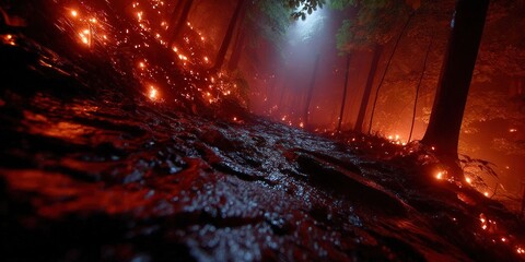 Fototapeta premium A dramatic forest scene, bathed in an eerie red glow with glowing orbs along the path.