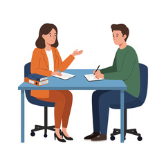 Vector art of two people sitting at a table, one gesturing while the other writes