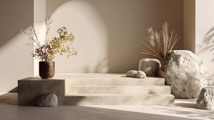Earthy Tone Exhibition with Rocks and Dried Flowers