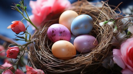 Fototapeta premium Pastel Easter eggs nested amidst blooms