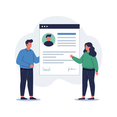 Vector art of two people standing next to a document with a profile picture and signature lines, representing a contract or agreement