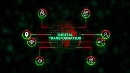processes and modern Digital transformation ,new business concept ,tee icon attached around the map features the concept of network and technology confirmed. the map is rotating ,specify all icons, - Powered by Adobe