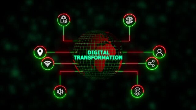 processes and modern Digital transformation ,new business concept ,tee icon attached around the map features the concept of network and technology confirmed. the map is rotating ,specify all icons,