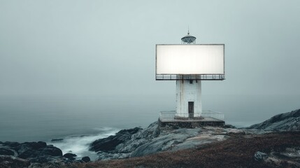 Lighthouse billboard in foggy seascape