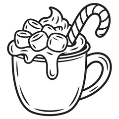Hot Cocoa with Marshmallows and Candy Cane Line Art Coloring Page