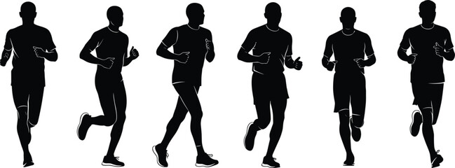 Running silhouettes, jogging poses, athletic motion, fitness training, sports activity, workout exercise, black vector illustration, healthy lifestyle icons, athlete movement
