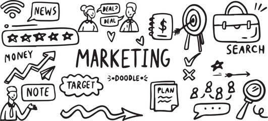 Marketing Outline Vector – Hand Drawn Business Strategy, Advertising, Branding, Analytics Doodle Icons, Black and White Clipart, Line Art