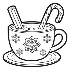 Hot Cocoa with Snowflakes and Candy Cane Line Art Coloring Page