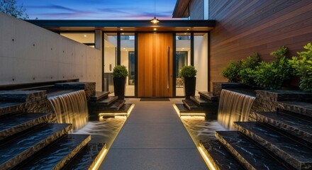 Modern Luxury Home Entrance with Tranquil Water Features at Dusk
