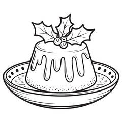 Christmas Pudding with Holly Line Art Coloring Page
