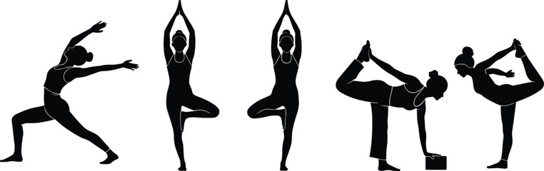 Yoga pose silhouettes, warrior, tree, dancer, balance and flexibility, fitness exercise, wellness lifestyle, black vector illustration, meditation and stretching icons
