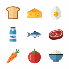 Healthy food icons set bread cheese egg milk fish steak carrot tomato rice bowl