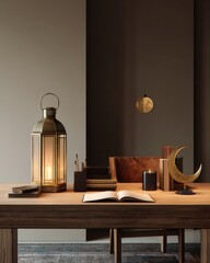 Minimalist office desk with lantern decoration and subtle festive mood.