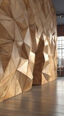 A modern, geometric wood wall paneling design features a collection of intricate, three-dimensional triangular shapes, creating a captivating visual texture and a warm, natural ambiance.