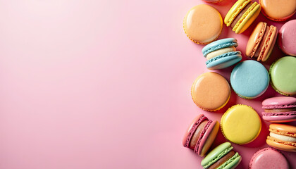 Fototapeta premium Gourmet macaron mockup with vibrant colors on pink minimal background, perfect for confectionery marketing, menu design and food photography.