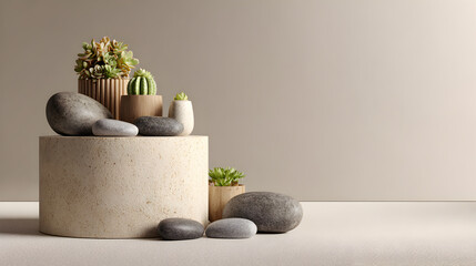 Natural Stone and Succulent Product Display on a Minimalist Podium