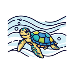 Cute cartoon sea turtle with a colorful geometric shell swimming in the ocean.