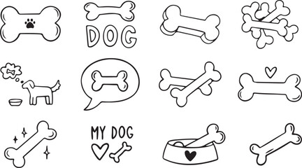 Dog Outline Vector – Hand Drawn Puppy, Bone, Pet Animal Doodle Icons, Minimal Black and White Clipart Illustration