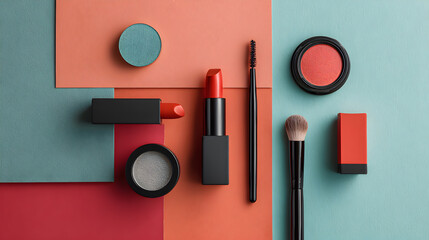 Colorful Makeup Flat Lay on Geometric Background