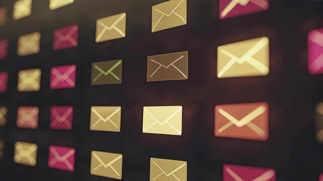 Colorful Glowing Envelopes and Email Icons Create Vibrant Digital Background, Symbolizing Communication and Connectivity in Technology