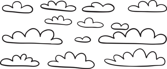 Cloud Outline Vector &ndash; Hand Drawn Sky, Weather, Minimal Cartoon Doodles, Black and White Clipart, Isolated Line Art Illustration