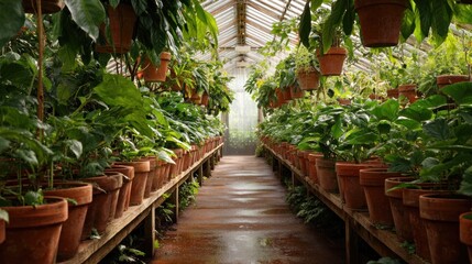 Fototapeta premium Lush greenhouse walkway