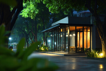 Fototapeta premium modern stylish outdoor caf with stunning glass installations and ambient lighting that creates cozy atmosphere