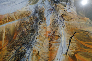 Fototapeta premium Abstract natural colorful patterns of acid mine drainage in decanting lake aerial view