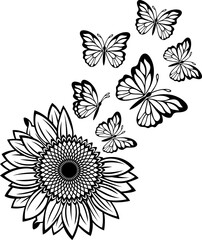 Sunflower flower with flying butterflies