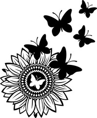 Sunflower flower with flying butterflies