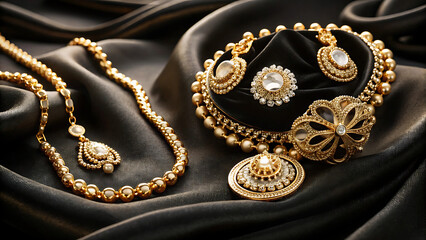 Elegant Gold Jewelry Pieces on a Black Velvet Background