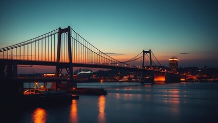Obraz premium Silhouetted suspension bridge at dusk with city lights