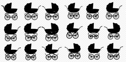 A repeating seamless pattern of black baby carriages with gray wheels on a light, textured background.