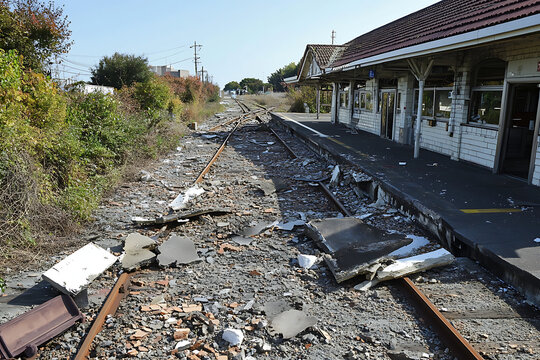 A train station filled with stranded passengers the tracks warped and unusable after the quake