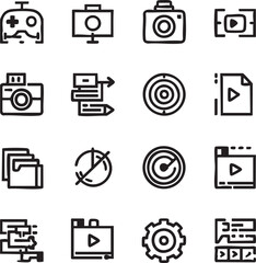 Collection of black and white line art icons: camera, video, target, settings, and more - vector graphics eps silhouette