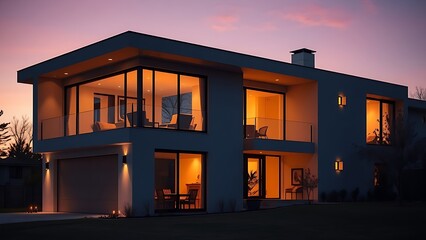 A modern minimalist home glows warmly at dusk, framed by large windows and twilight hues.