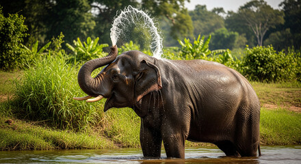 Elephant Spraying Water by Riverside