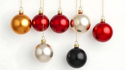 Elegant Christmas ornaments in gold, red, ivory, silver, and black hanging on golden strings against a clean white background, modern and festive.